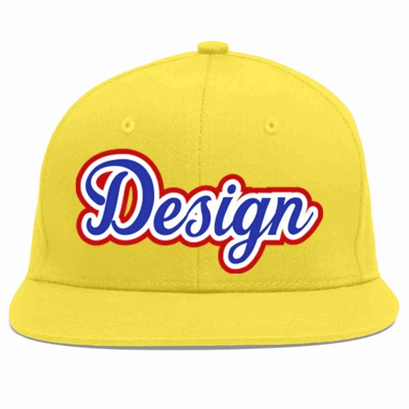 Baseball Cap For Official Team Gear-Custom Light Gold Royal-White Flat Eaves Sport Baseball Cap Design for Men/Women/Youth