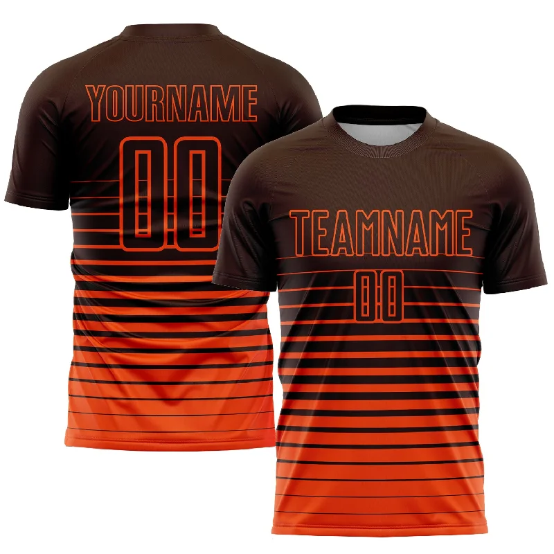 Football Jersey For High School Events-Custom Brown Orange Pinstripe Fade Fashion Sublimation Soccer Uniform Jersey