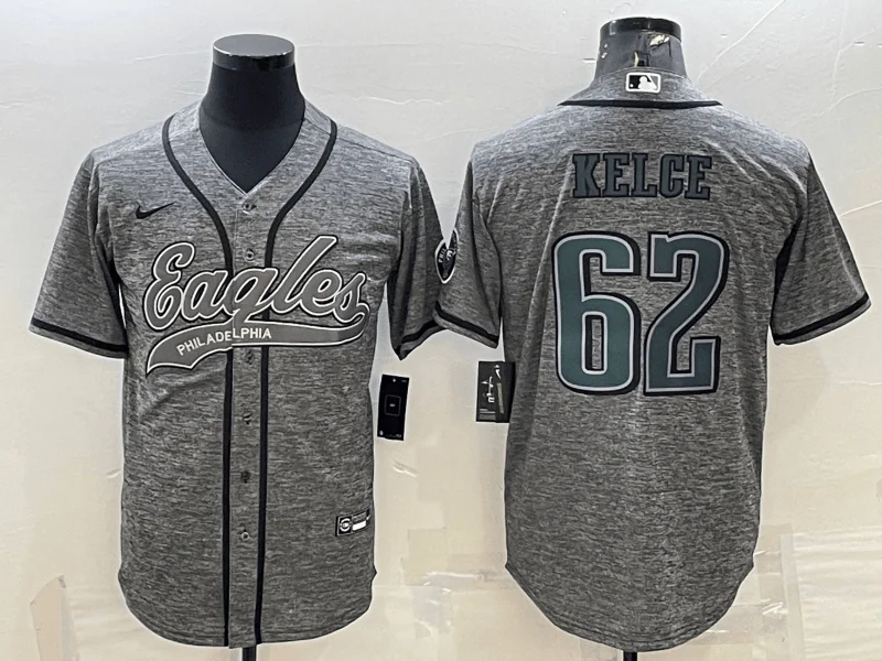 Baseball Jersey For Custom Numbering-Men's Philadelphia Eagles #62 Jason Kelce Grey Gridiron Patch Cool Base Stitched Baseball Jersey