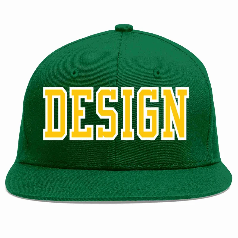 Baseball Cap For Tournament-Custom Green Gold-White Flat Eaves Sport Baseball Cap Design for Men/Women/Youth