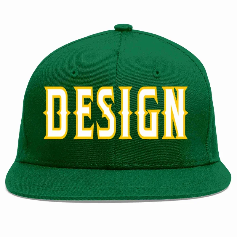 Baseball Cap For Supporters And Fans-Custom Green White-Gold Flat Eaves Sport Baseball Cap Design for Men/Women/Youth