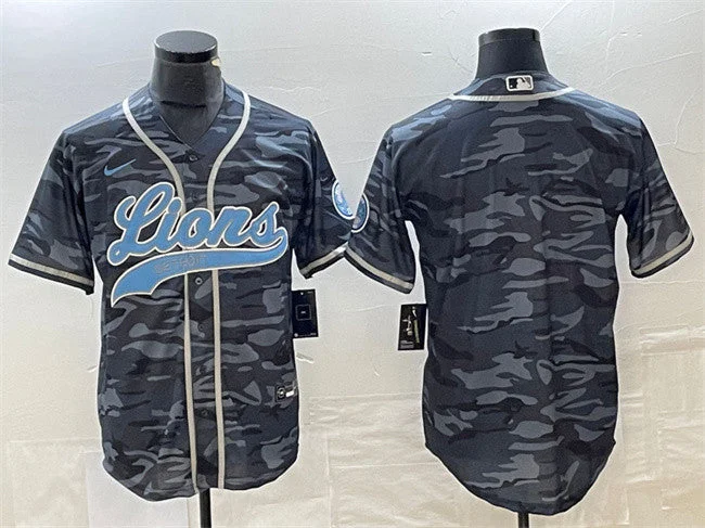 Baseball Jersey For Custom Embroidered Team Names-Men's Detroit Lions Blank Gray Camo Cool Base Stitched Baseball Jersey