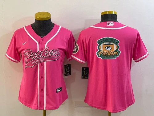 Baseball Jersey With Player And Team Logos-Women's Green Bay Packers Pink Team Big Logo With Patch Cool Base Stitched Baseball Jersey(Run Small)