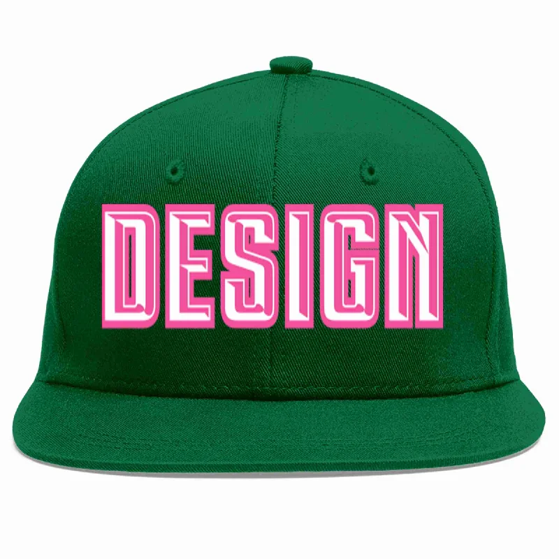 Baseball Cap For Team Merchandise-Custom Green White-Pink Flat Eaves Sport Baseball Cap Design for Men/Women/Youth