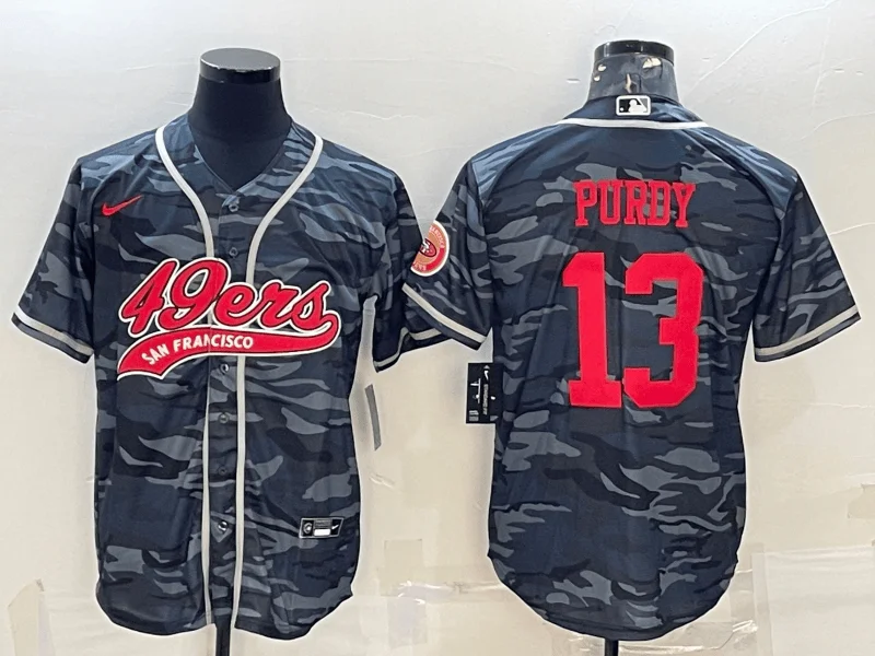 Baseball Jersey For Coaches-Men's San Francisco 49ers #13 Brock Purdy Grey Camo With Patch Cool Base Stitched Baseball Jersey