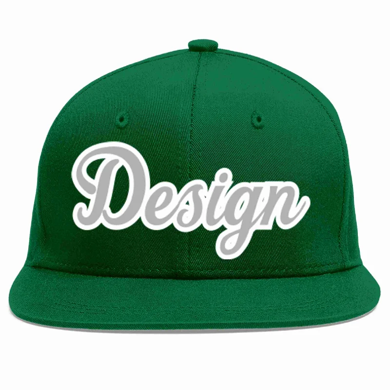 Baseball Cap With Personalized Embroidery-Custom Green Gray-White Flat Eaves Sport Baseball Cap Design for Men/Women/Youth