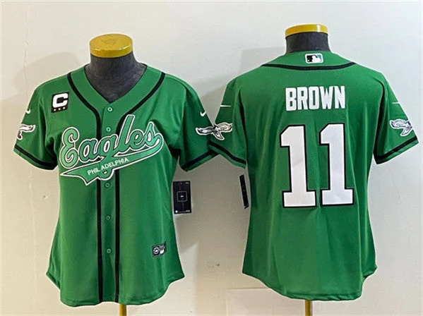 Baseball Jersey For Event Custom Fan Gear-Women's Philadelphia Eagles #11 A. J. Brown Green With 3-Star C Patch Cool Base Stitched Baseball Jersey(Run Small)