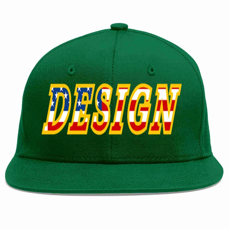 Baseball Cap For Unique Player Designs-Custom Green Vintage USA Flag-Gold Flat Eaves Sport Baseball Cap Design for Men/Women/Youth