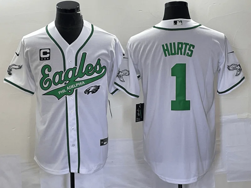 Baseball Jersey For Custom Team Wear-Men's Philadelphia Eagles #1 Jalen Hurts White C Patch Cool Base Stitched Baseball Jersey1