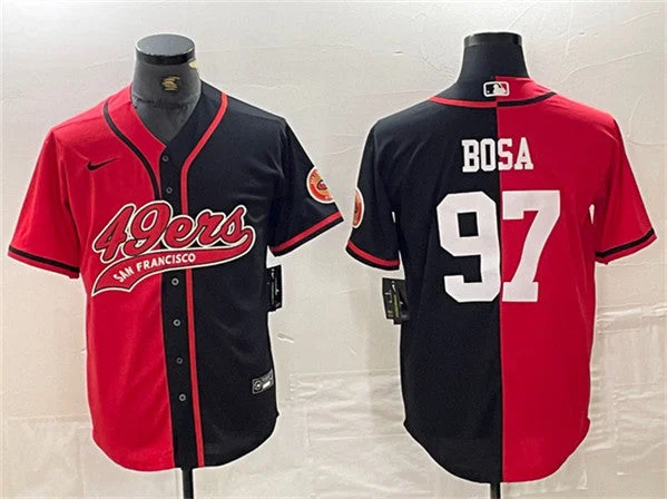 Baseball Jersey For Supporters Of Custom Teams-Men's San Francisco 49ers #97 Nick Bosa Red/Black Split With Patch Cool Base Stitched Baseball Jersey