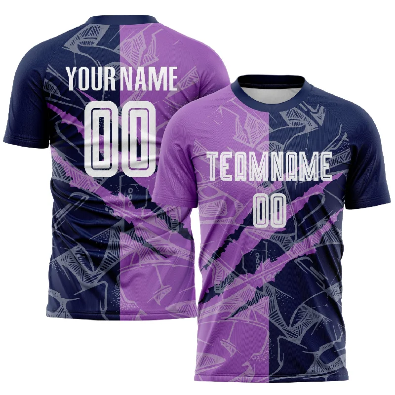 Football Jersey For Special School Customization-Custom Graffiti Pattern Medium Purple-Navy Scratch Sublimation Soccer Uniform Jersey