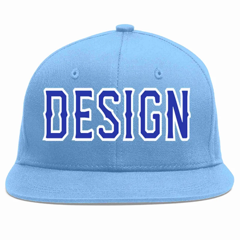 Baseball Cap For Supporters And Fans-Custom Light Blue Royal-White Flat Eaves Sport Baseball Cap Design for Men/Women/Youth