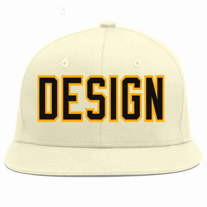 Baseball Cap For Fanatic Teams-Custom Cream Black-Yellow Flat Eaves Sport Baseball Cap Design for Men/Women/Youth