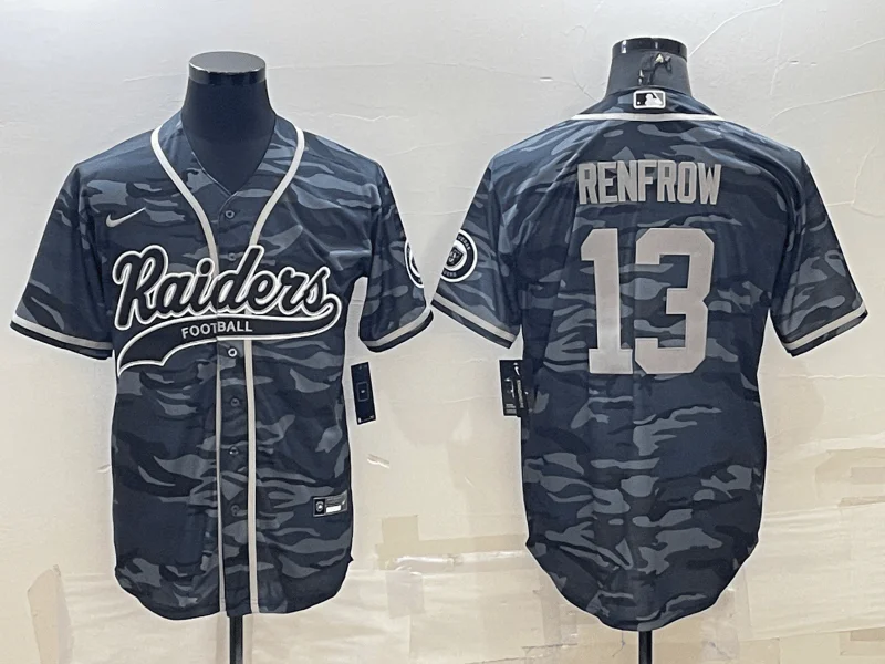 Baseball Jersey With Custom Name-Men's Las Vegas Raiders #13 Hunter Renfrow Grey Camo With Patch Cool Base Stitched Baseball Jersey