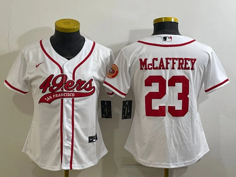 Baseball Jersey For Fan Apparel Orders-Women's San Francisco 49ers #23 Christian McCaffrey White With Patch Cool Base Stitched Baseball Jersey(Run Small)