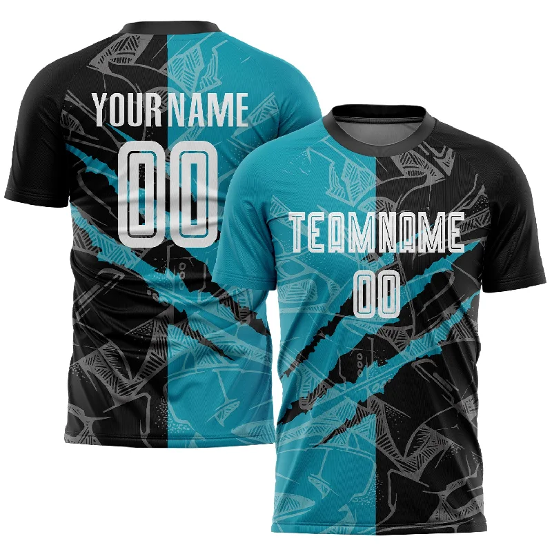 Football Jersey For Custom Orders-Custom Graffiti Pattern Black-Teal Scratch Sublimation Soccer Uniform Jersey