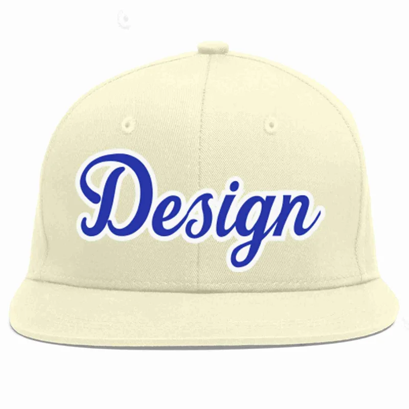 Baseball Cap For Team Merchandise-Custom Cream Royal-White Flat Eaves Sport Baseball Cap Design for Men/Women/Youth