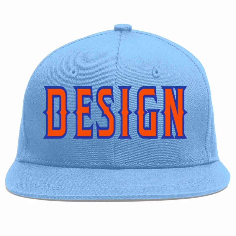 Baseball Cap For School And College Teams-Custom Light Blue Orange-Royal Flat Eaves Sport Baseball Cap Design for Men/Women/Youth