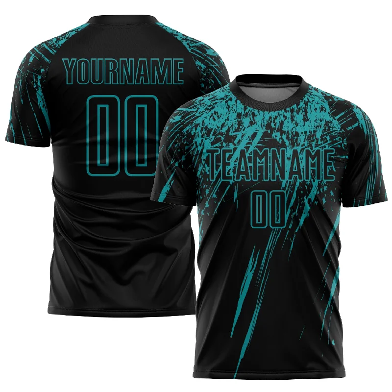 Football Jersey For Event Custom Fan Gear-Custom Black Teal Sublimation Soccer Uniform Jersey