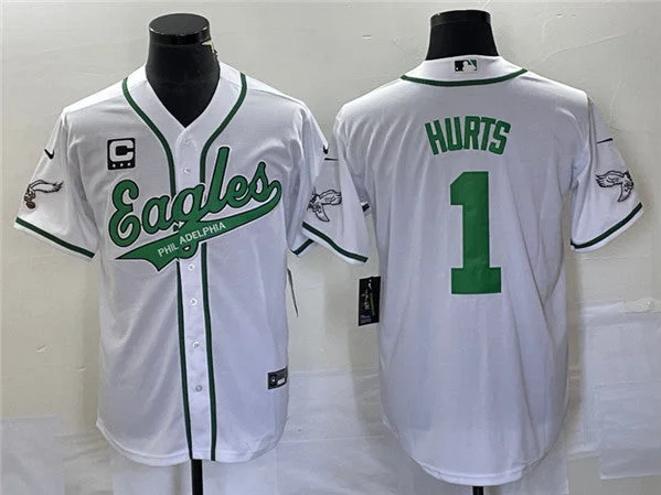 Baseball Jersey For Fundraiser Apparel-Men's Philadelphia Eagles #1 Jalen Hurts White With C Patch Cool Base Stitched Baseball Jersey