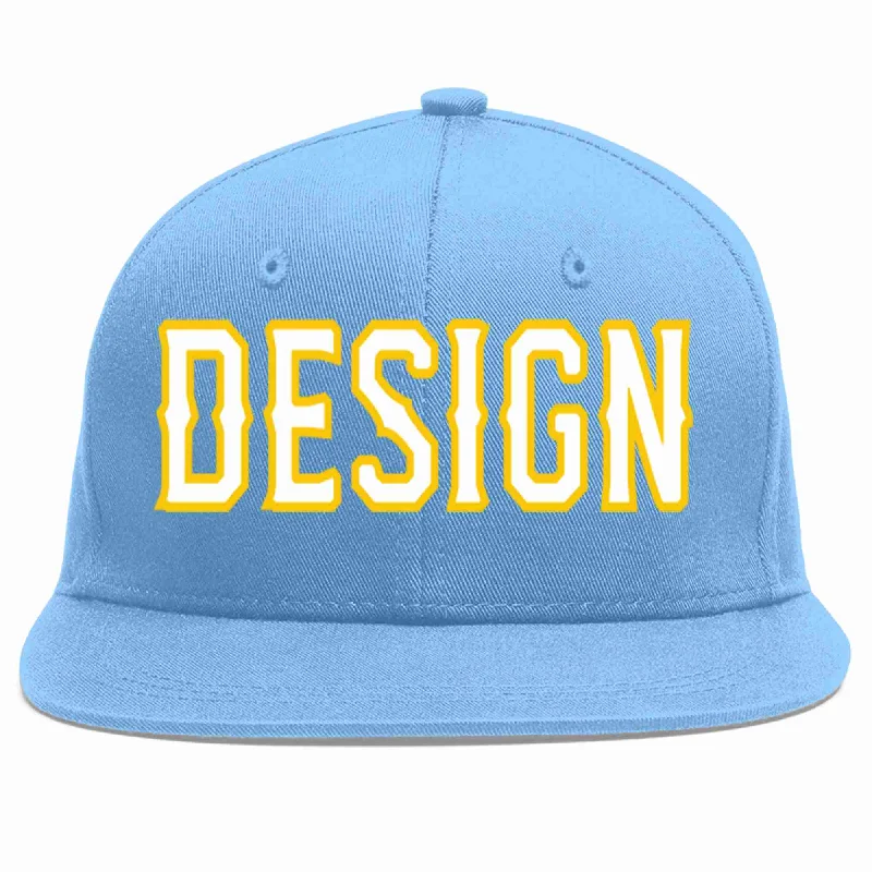 Baseball Cap With Personalized Features-Custom Light Blue White-Gold Flat Eaves Sport Baseball Cap Design for Men/Women/Youth