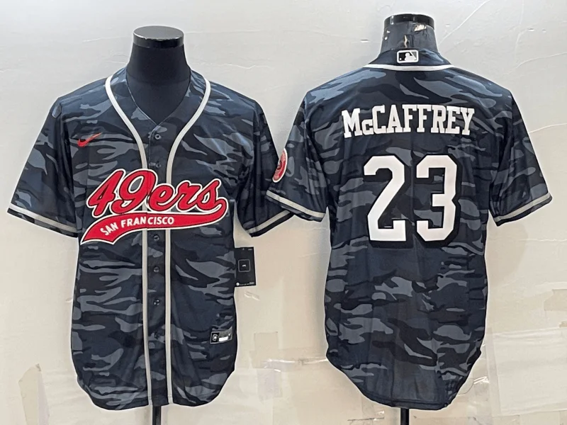 Baseball Jersey For Sports Event Apparel-Men's San Francisco 49ers #23 Christian McCaffrey Grey Camo With Patch Cool Base Stitched Baseball Jersey