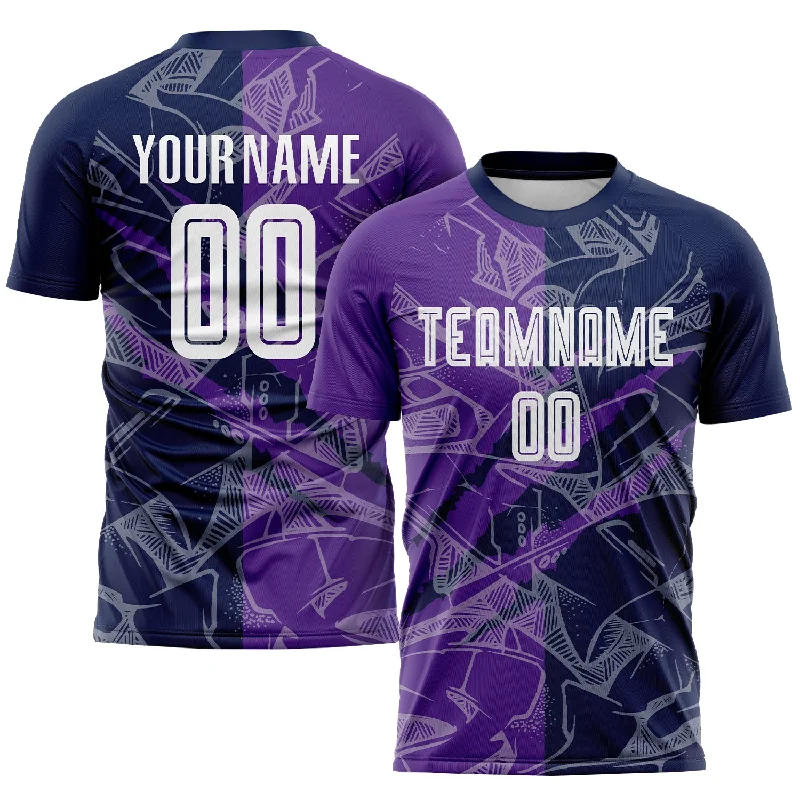 Football Jersey For Custom Team Numbers And Names-Custom Graffiti Pattern Purple-Navy Scratch Sublimation Soccer Uniform Jersey