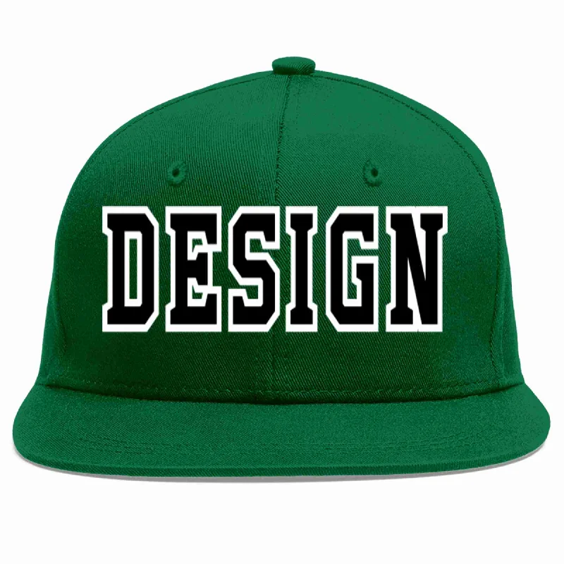 Baseball Cap For Sports Merchandising-Custom Green Black-White Flat Eaves Sport Baseball Cap Design for Men/Women/Youth