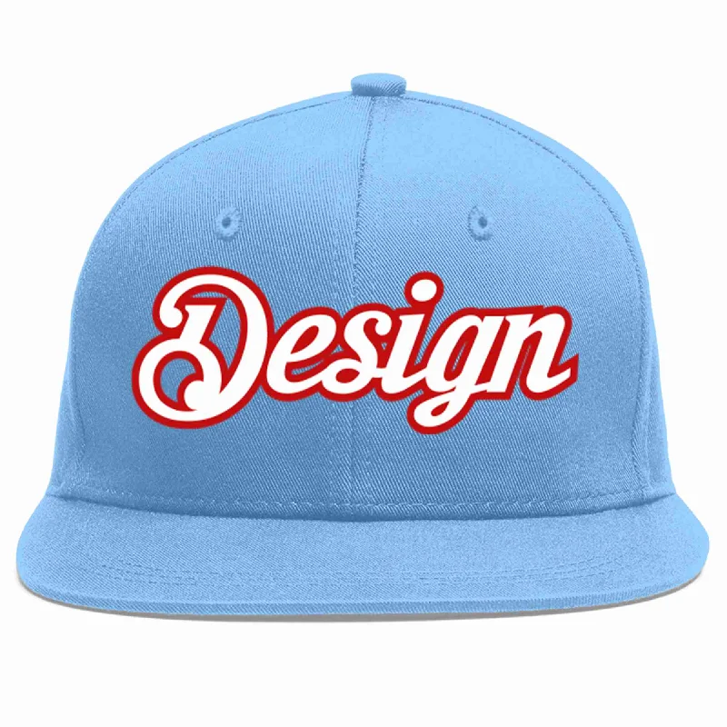 Custom Baseball Cap-Custom Light Blue White-Red Flat Eaves Sport Baseball Cap Design for Men/Women/Youth