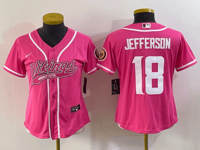 Baseball Jersey For Custom Embroidered Team Names-Women's Minnesota Vikings #18 Justin Jefferson Pink With Patch Cool Base Stitched Baseball Jersey(Run Small)