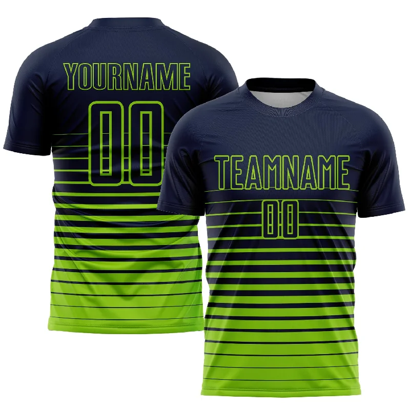 Football Jersey For High School Teams-Custom Navy Neon Green Pinstripe Fade Fashion Sublimation Soccer Uniform Jersey