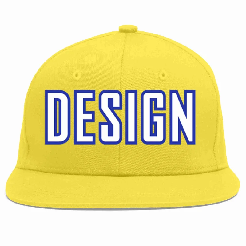 Baseball Cap For Official League Merchandise-Custom Light Gold White-Royal Flat Eaves Sport Baseball Cap Design for Men/Women/Youth