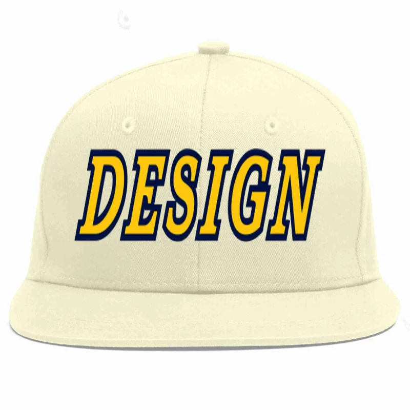 Baseball Cap With Adjustable Fit And Style-Custom Cream Gold-Navy Flat Eaves Sport Baseball Cap Design for Men/Women/Youth