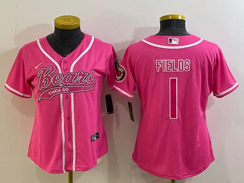 Baseball Jersey For Fan Events-Women's Chicago Bears #1 Justin Fields Pink With Patch Cool Base Stitched Baseball Jersey(Run Small)