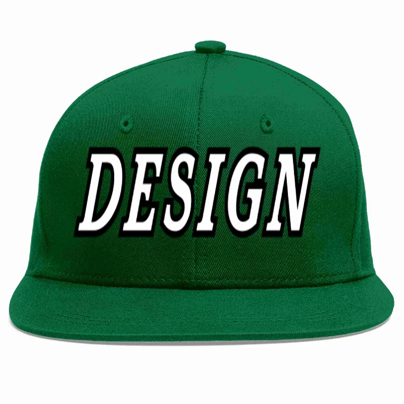 Baseball Cap With Custom Name And Number-Custom Green White-Black Flat Eaves Sport Baseball Cap Design for Men/Women/Youth