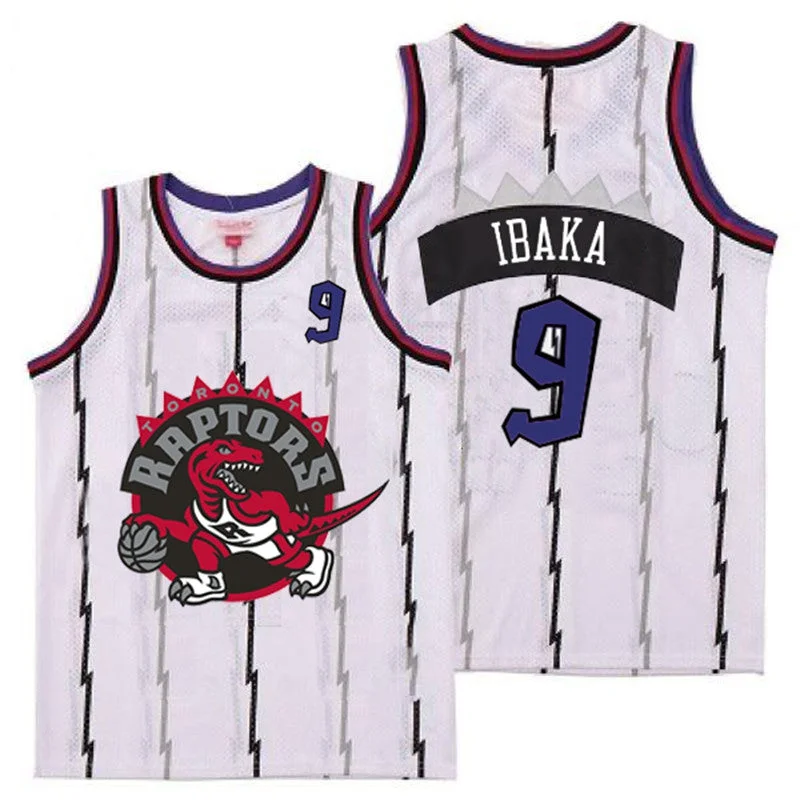 Basketball Jersey For College And High School Teams-Raptors 9 Serge Ibaka White Big Gray Red Logo Retro Basketball Jersey