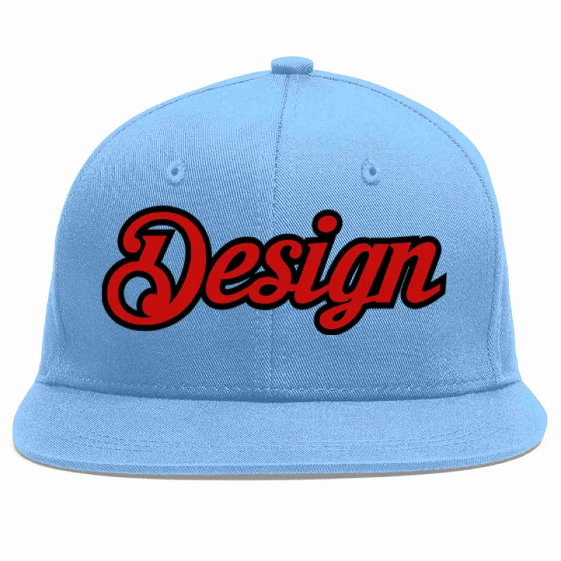 Baseball Cap For Sports Fans-Custom Light Blue Red-Black Flat Eaves Sport Baseball Cap Design for Men/Women/Youth