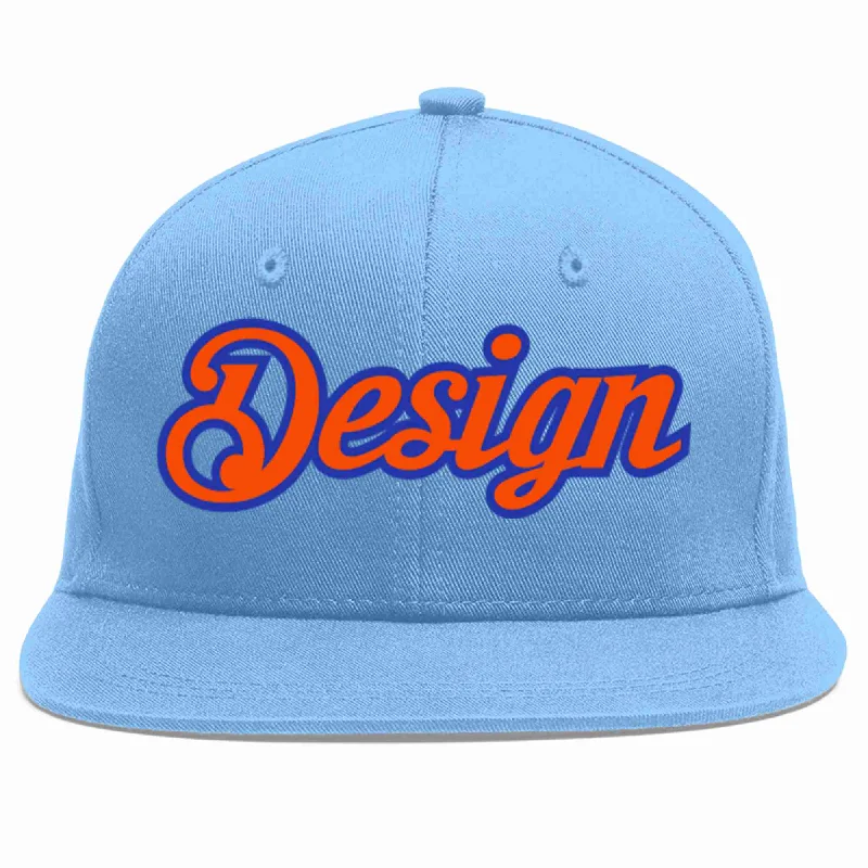 Personalized Baseball Cap-Custom Light Blue Orange-Royal Flat Eaves Sport Baseball Cap Design for Men/Women/Youth