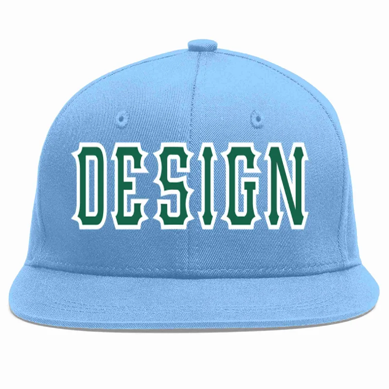 Baseball Cap With Player Logos-Custom Light Blue Kelly Green-White Flat Eaves Sport Baseball Cap Design for Men/Women/Youth