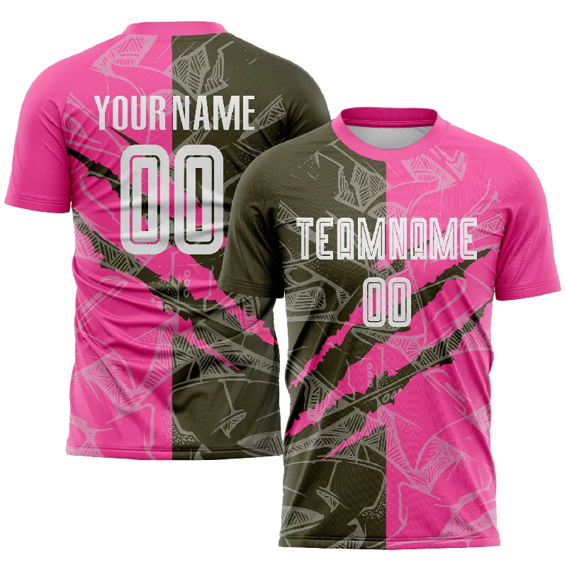 Football Jersey For Player Signature Designs-Custom Graffiti Pattern Olive-Pink Scratch Sublimation Soccer Uniform Jersey