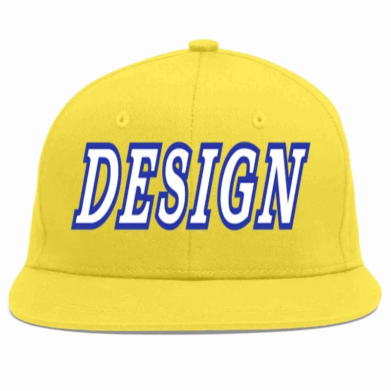 Baseball Cap For Tournament Support-Custom Light Gold White-Royal Flat Eaves Sport Baseball Cap Design for Men/Women/Youth