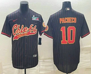 Baseball Jersey For Sale-Men's Kansas City Chiefs #10 Isiah Pacheco Black Pinstripe With Super Bowl LVII Patch Cool Base Stitched Baseball Jersey