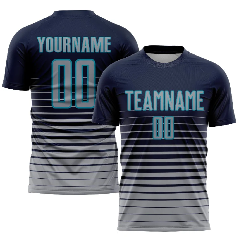 Football Jersey For Group Events-Custom Navy Gray-Teal Pinstripe Fade Fashion Sublimation Soccer Uniform Jersey