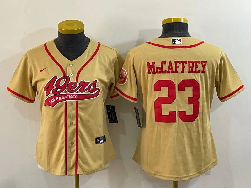 Baseball Jersey For Custom Number Embroidery-Women's San Francisco 49ers #23 Christian McCaffrey Gold With Patch Cool Base Stitched Baseball Jersey(Run Small)