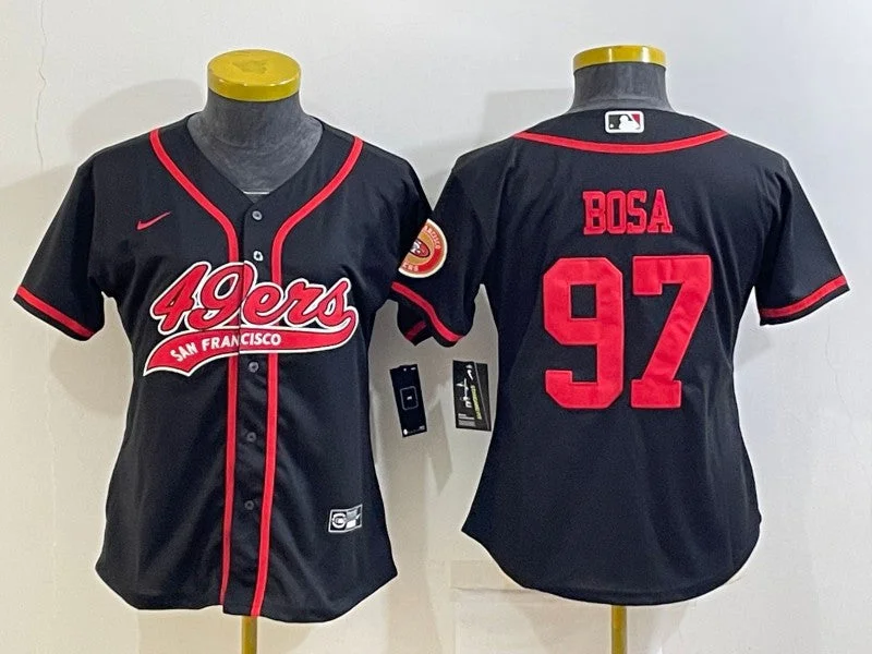 Baseball Jersey For Limited-Time Custom Orders-Women's San Francisco 49ers #97 Nick Bosa Black With Patch Cool Base Stitched Baseball Jersey(Run Small)