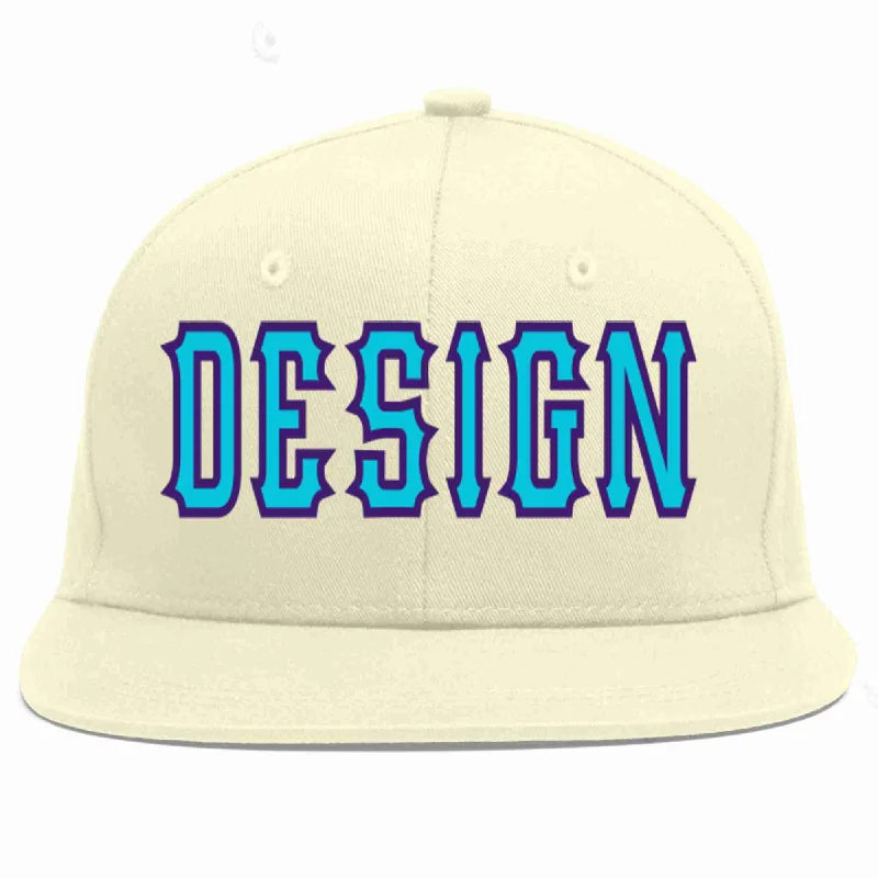 Baseball Cap For Online Orders-Custom Cream Light Blue-purple Flat Eaves Sport Baseball Cap Design for Men/Women/Youth