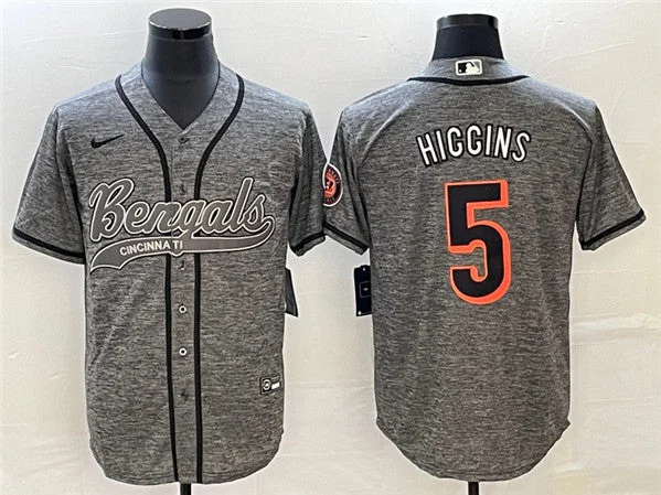 Baseball Jersey For Custom Team Outfits-Men's Cincinnati Bengals #5 Tee Higgins Gray With Patch Cool Base Stitched Baseball Jersey