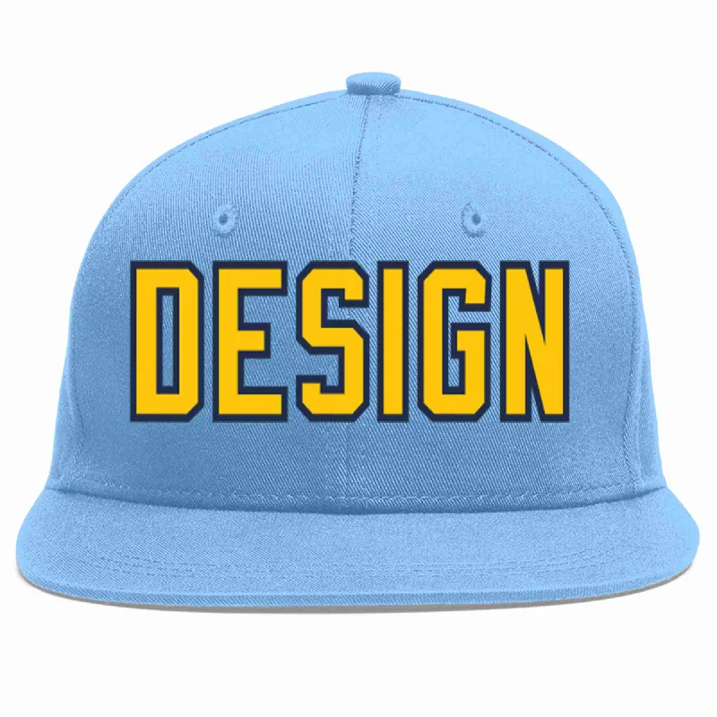 Baseball Cap For Special Edition Designs-Custom Light Blue Gold-Navy Flat Eaves Sport Baseball Cap Design for Men/Women/Youth