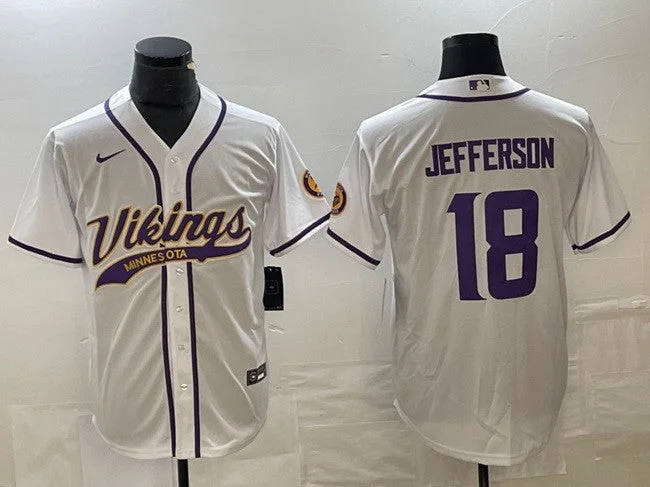 Baseball Jersey For Fan Group Orders-Men's Minnesota Vikings #18 Justin Jefferson White Cool Base Stitched Baseball Jersey