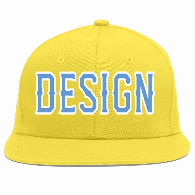 Baseball Cap For Custom Logos And Numbers-Custom Light Gold Light Blue-White Flat Eaves Sport Baseball Cap Design for Men/Women/Youth